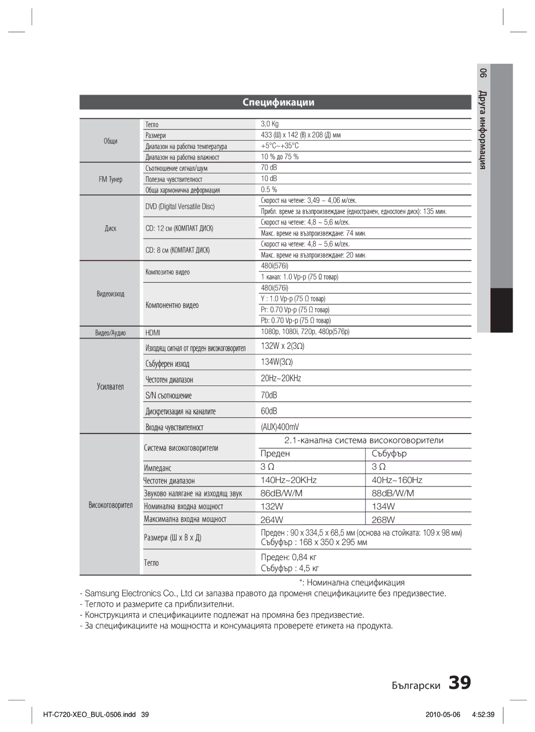 Samsung HT-C720/EDC manual Спецификации 