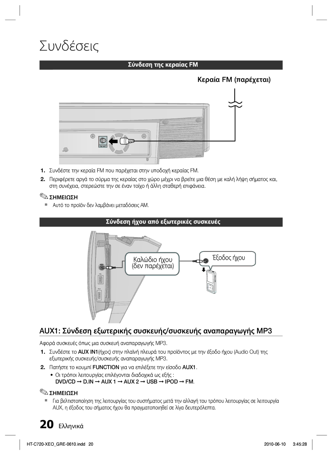 Samsung HT-C720/EDC manual AUX1 Σύνδεση εξωτερικής συσκευής/συσκευής αναπαραγωγής MP3, Κεραία FM παρέχεται 