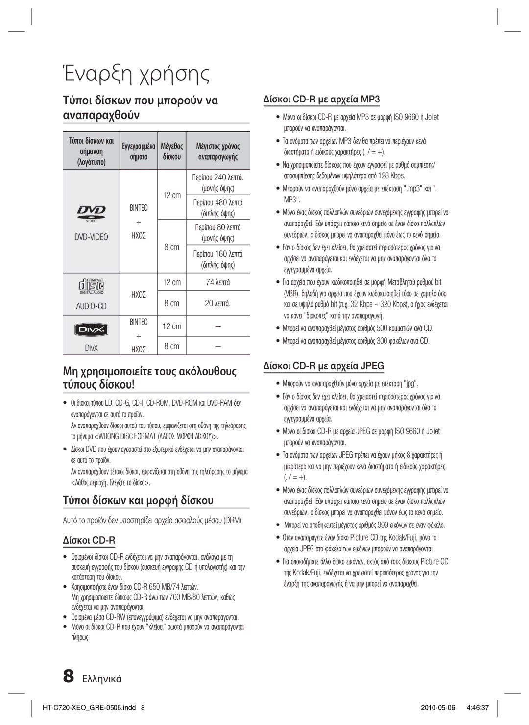 Samsung HT-C720/EDC manual Τύποι δίσκων που μπορούν να αναπαραχθούν, Μη χρησιμοποιείτε τους ακόλουθους τύπους δίσκου 