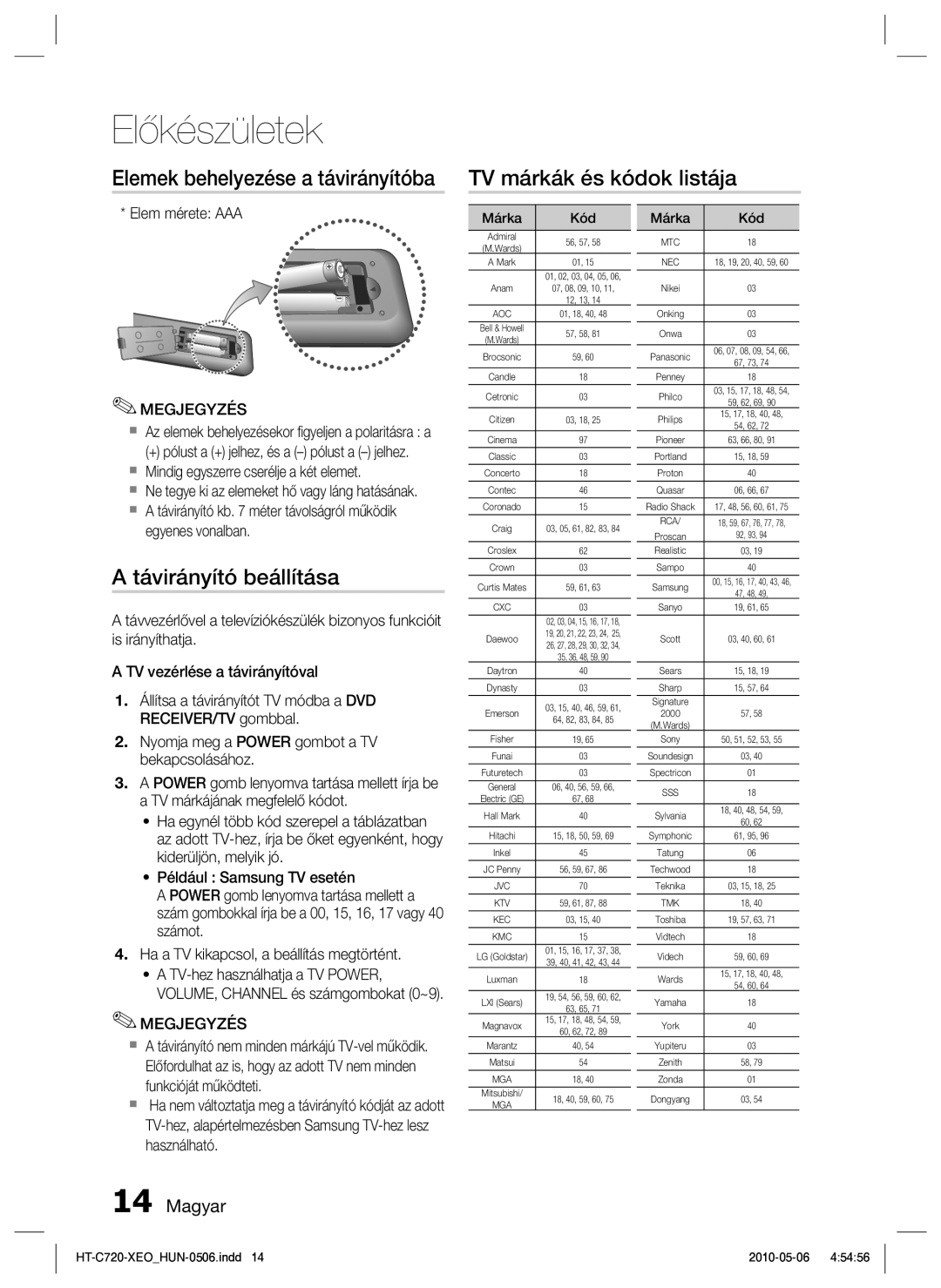 Samsung HT-C720/EDC manual Távirányító beállítása, Elem mérete AAA,  Mindig egyszerre cserélje a két elemet 