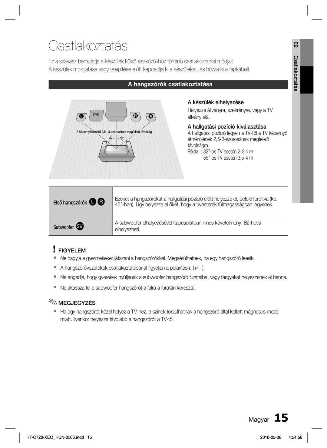 Samsung HT-C720/EDC manual Csatlakoztatás, Hangszórók csatlakoztatása, Figyelem 