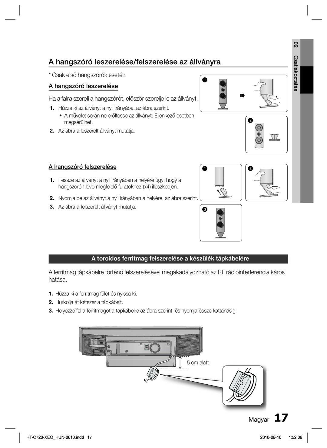 Samsung HT-C720/EDC manual Hangszóró leszerelése/felszerelése az állványra, Hangszóró felszerelése, Cm alatt 