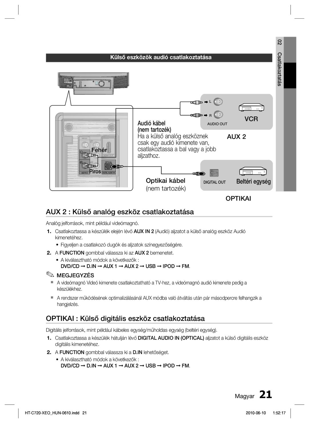 Samsung HT-C720/EDC manual AUX 2 Külső analóg eszköz csatlakoztatása, Optikai Külső digitális eszköz csatlakoztatása, Fehér 