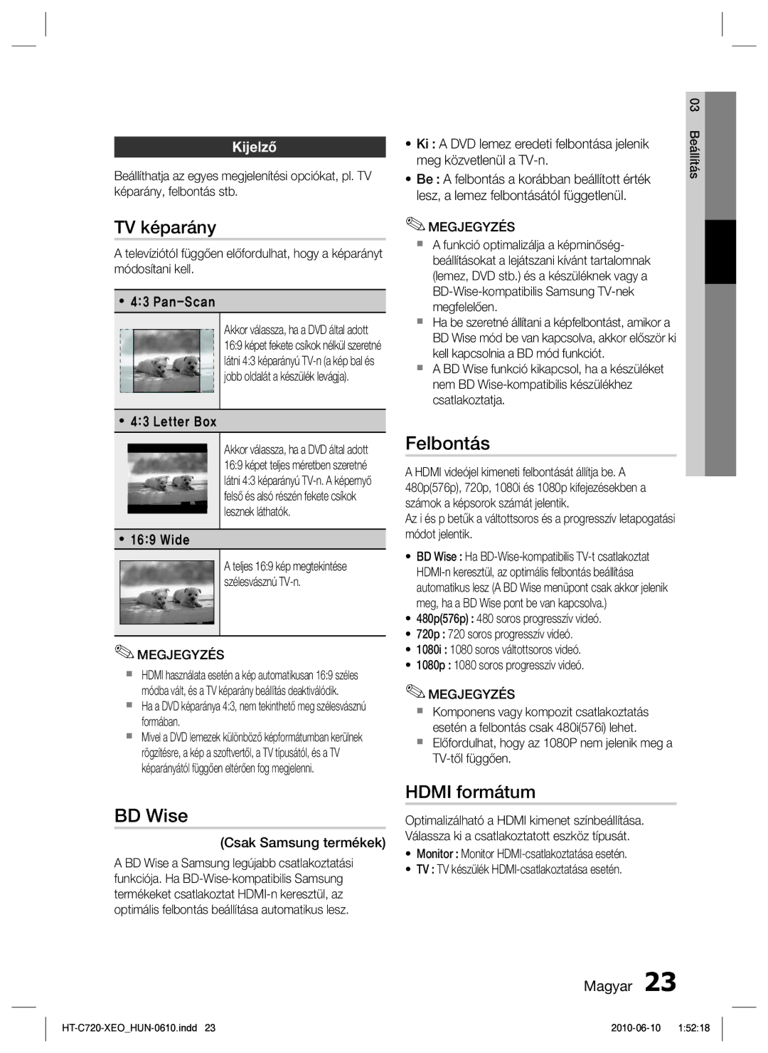 Samsung HT-C720/EDC manual TV képarány, Felbontás, BD Wise, Hdmi formátum, Kijelző 