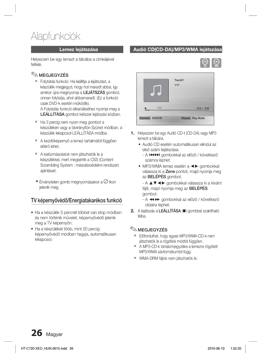 Samsung HT-C720/EDC manual Alapfunkciók, Lemez lejátszása, TV képernyővédő/Energiatakarékos funkció 