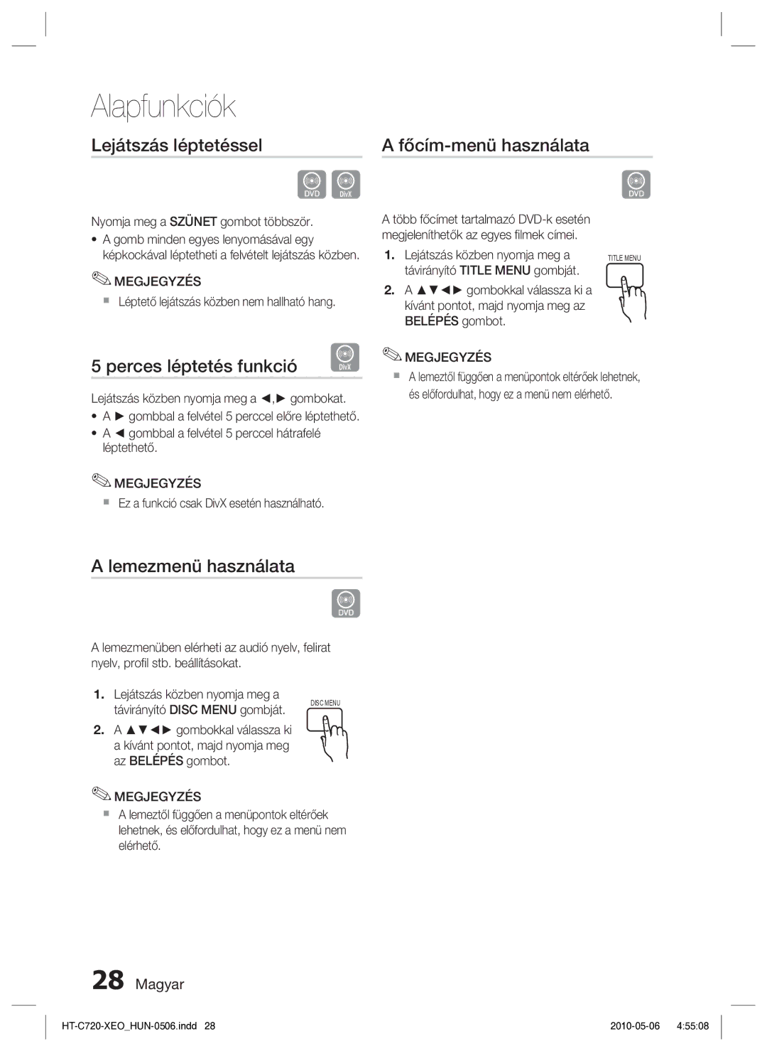 Samsung HT-C720/EDC manual Lejátszás léptetéssel, Perces léptetés funkció, Lemezmenü használata, Főcím-menü használata 