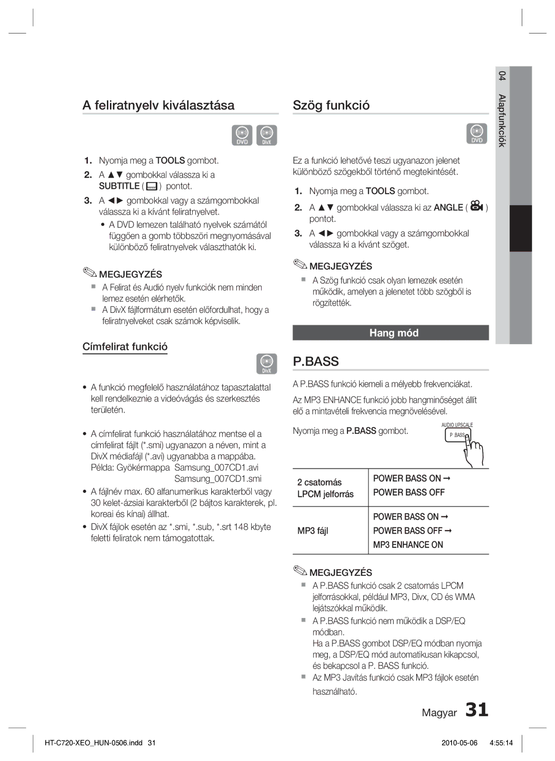 Samsung HT-C720/EDC manual Feliratnyelv kiválasztása, Szög funkció, Címfelirat funkció, Hang mód 