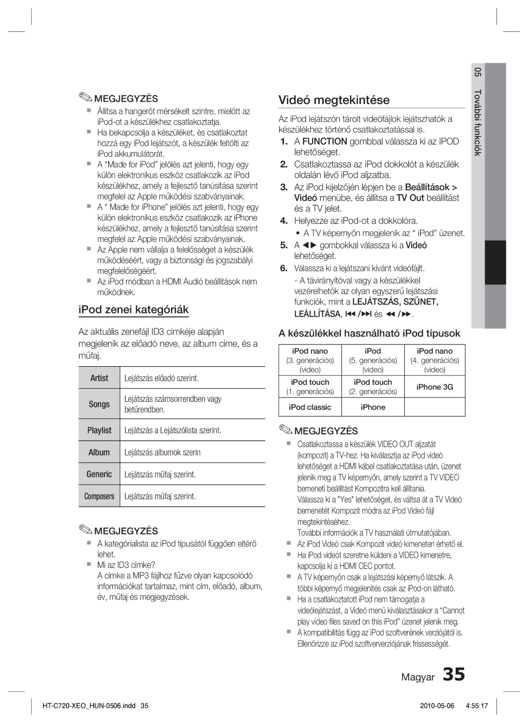 Samsung HT-C720/EDC manual Videó megtekintése, IPod zenei kategóriák, Készülékkel használható iPod típusok 