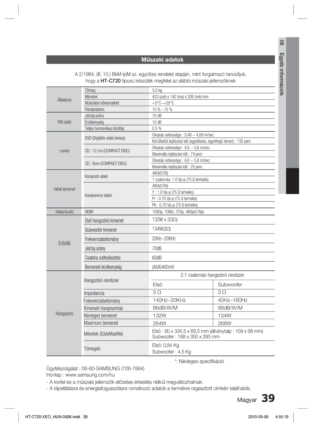 Samsung HT-C720/EDC Műszaki adatok, Első hangszóró kimenet 132W x Subwoofer kimenet 134W3, Subwoofer 168 x 350 x 295 mm 