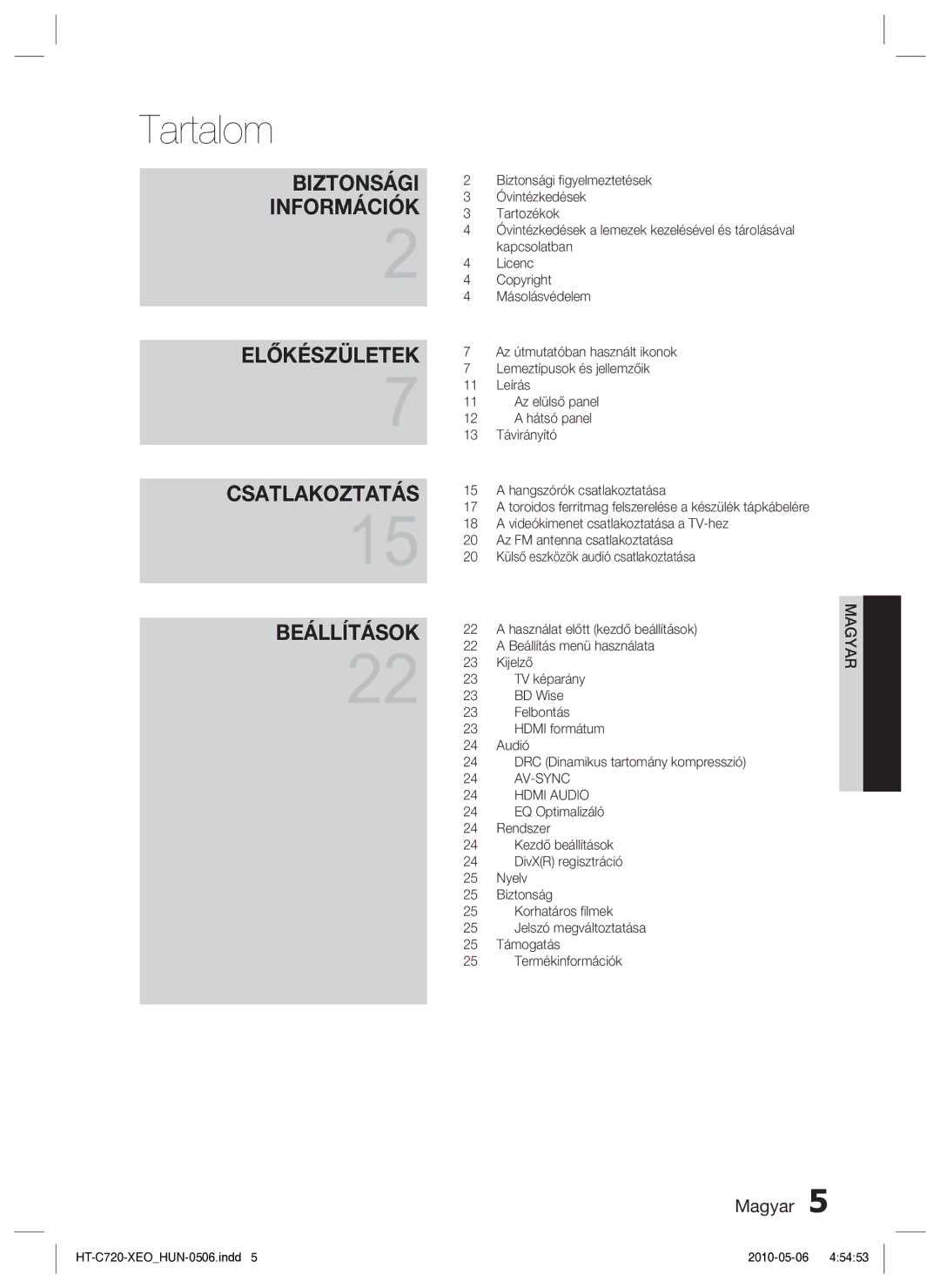 Samsung HT-C720/EDC manual Tartalom, Biztonsági Információk 