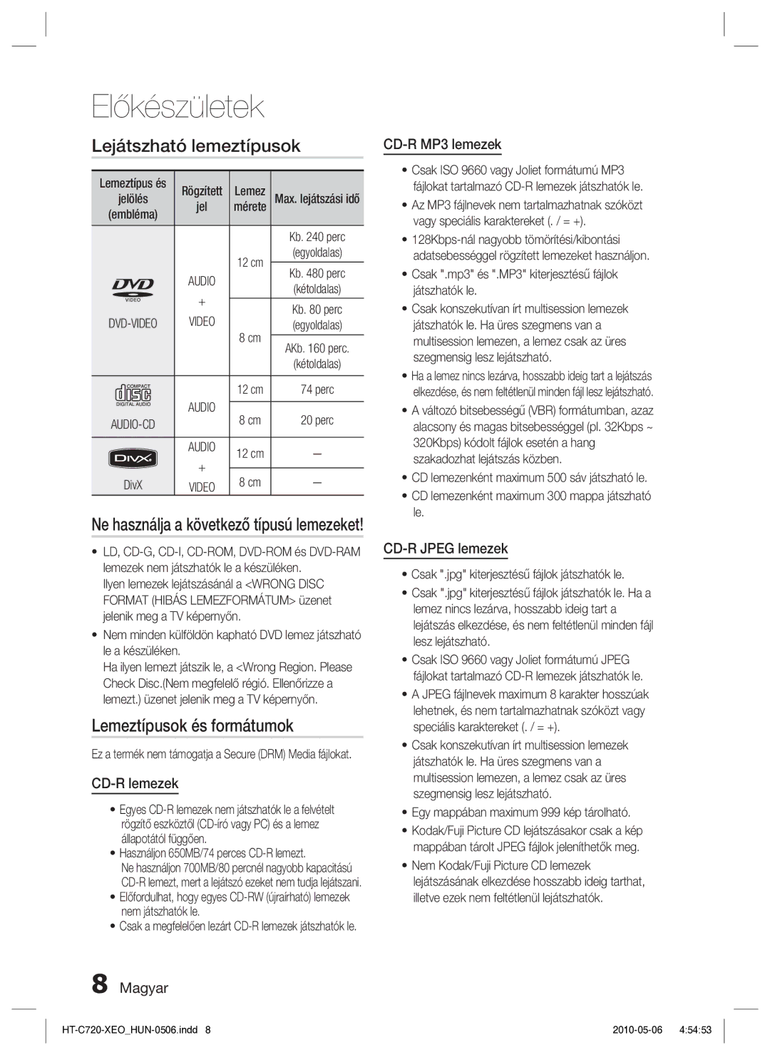 Samsung HT-C720/EDC manual Lejátszható lemeztípusok, Lemeztípusok és formátumok 