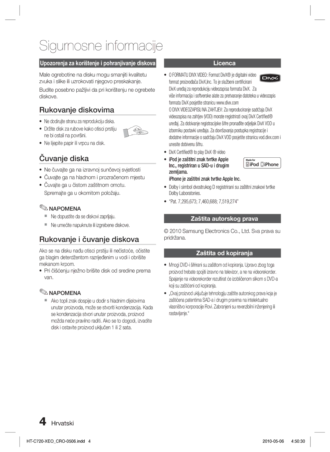 Samsung HT-C720/EDC manual Rukovanje diskovima, Čuvanje diska, Rukovanje i čuvanje diskova, Licenca 