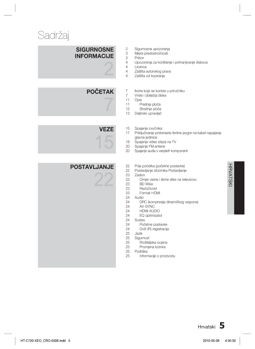 Samsung HT-C720/EDC manual Sadržaj, Informacije 