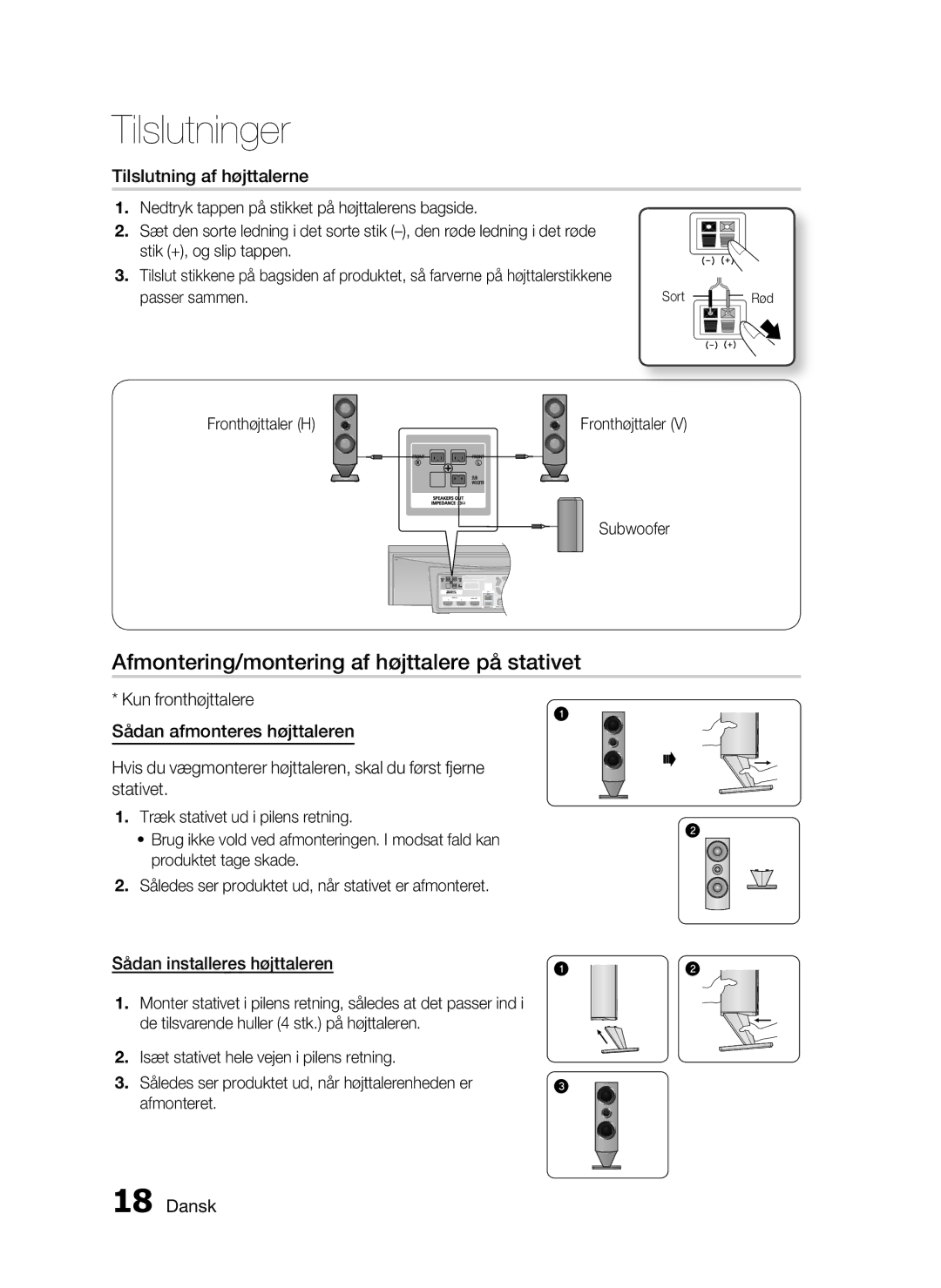 Samsung HT-C720/XEE manual Afmontering/montering af højttalere på stativet, Tilslutning af højttalerne, Fronthøjttaler H 