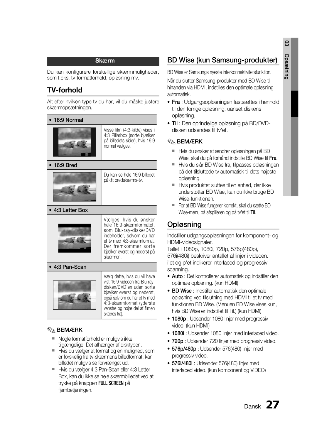 Samsung HT-C7200/XEE, HT-C720/XEE manual BD Wise kun Samsung-produkter, Opløsning, Skærm 