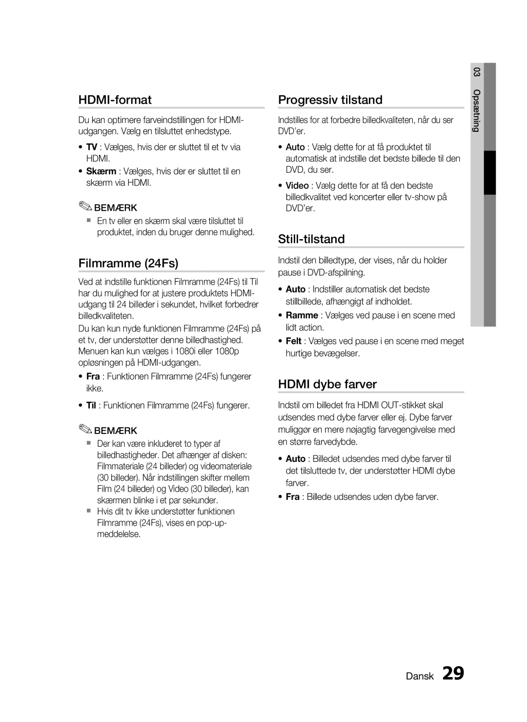 Samsung HT-C7200/XEE, HT-C720/XEE manual HDMI-format, Filmramme 24Fs, Progressiv tilstand, Still-tilstand, Hdmi dybe farver 