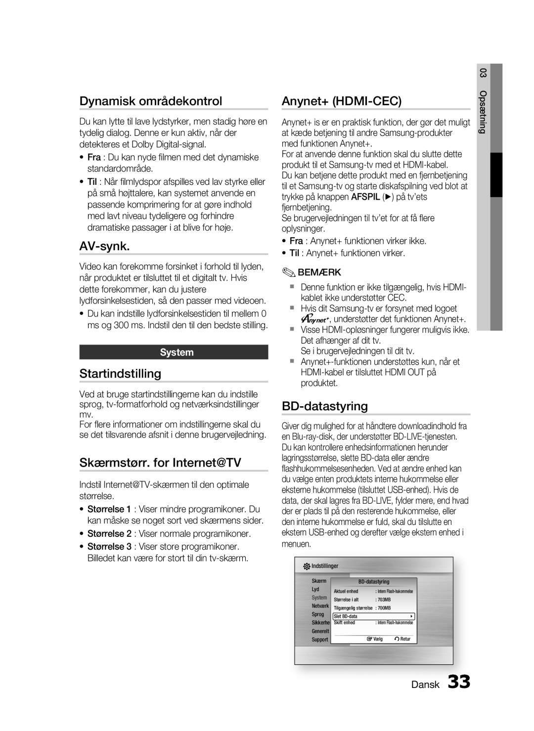 Samsung HT-C7200/XEE Dynamisk områdekontrol, AV-synk, Startindstilling, Skærmstørr. for Internet@TV, Anynet+ HDMI-CEC 