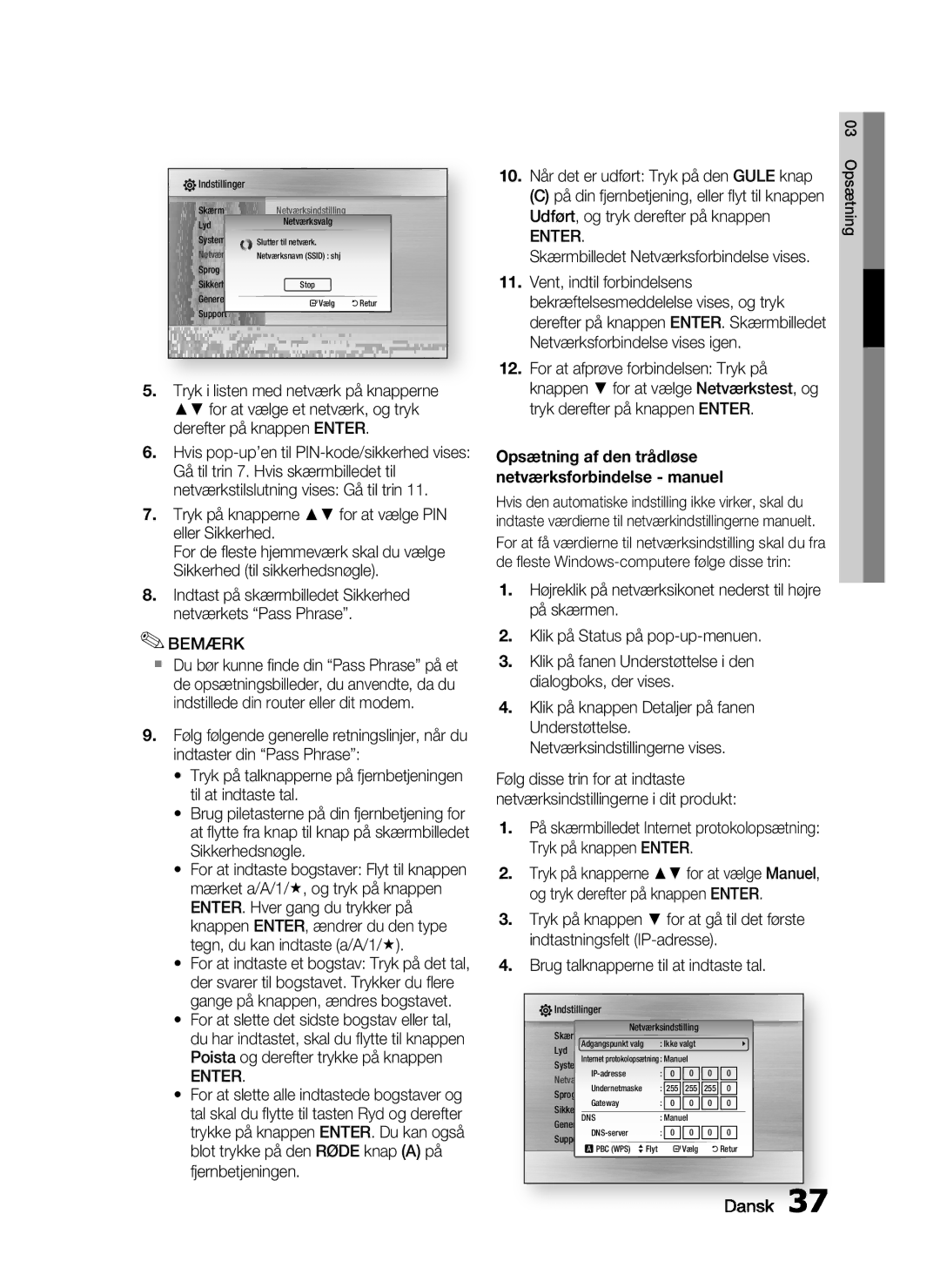 Samsung HT-C7200/XEE manual Skærmbilledet Netværksforbindelse vises, Opsætning af den trådløse netværksforbindelse manuel 