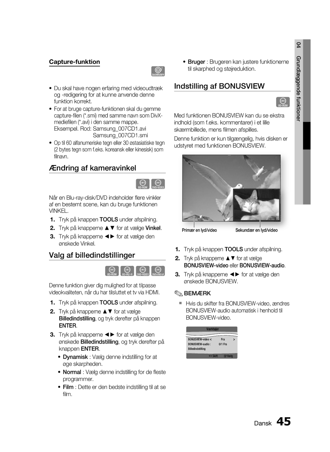 Samsung HT-C7200/XEE, HT-C720/XEE Ændring af kameravinkel, Valg af billedindstillinger, Indstilling af Bonusview, Vinkel 