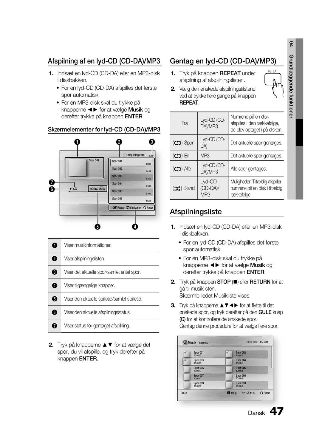 Samsung HT-C7200/XEE, HT-C720/XEE manual Gentag en lyd-CD CD-DA/MP3, Afspilningsliste, Skærmelementer for lyd-CD CD-DA/MP3 