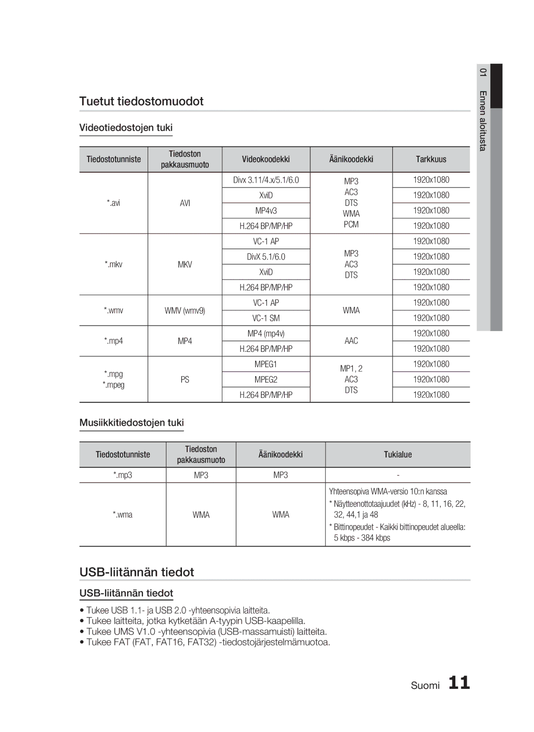 Samsung HT-C7200/XEE manual Tuetut tiedostomuodot, USB-liitännän tiedot, Videotiedostojen tuki, Musiikkitiedostojen tuki 