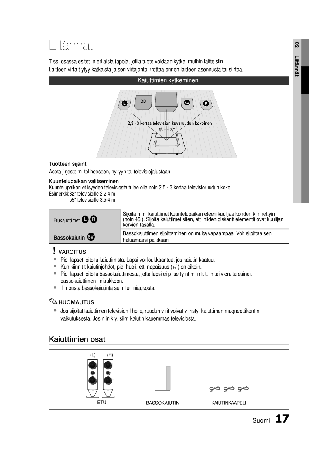 Samsung HT-C7200/XEE, HT-C720/XEE manual Liitännät, Kaiuttimien osat, Kaiuttimien kytkeminen 