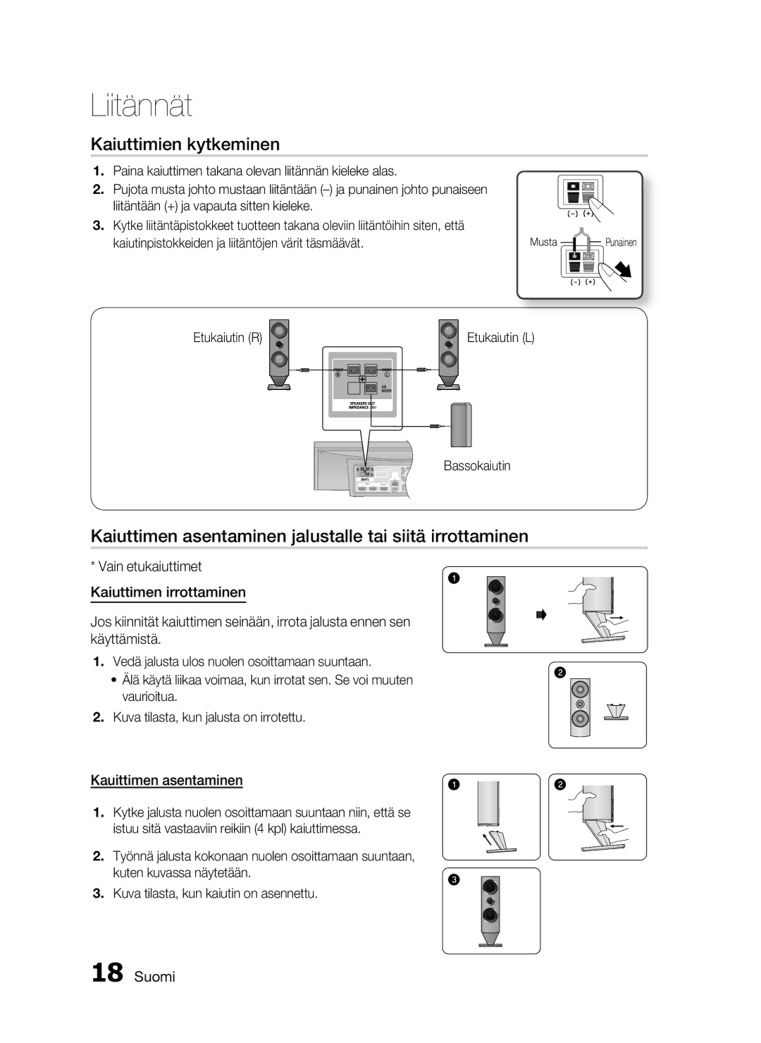 Samsung HT-C720/XEE manual Kaiuttimien kytkeminen, Kaiuttimen asentaminen jalustalle tai siitä irrottaminen, Etukaiutin R 