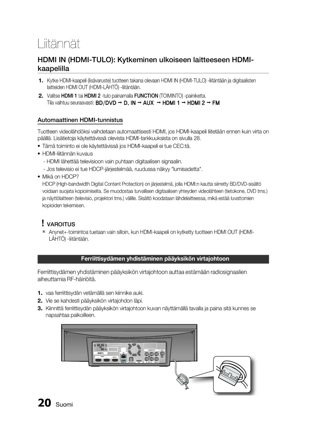 Samsung HT-C720/XEE, HT-C7200/XEE manual Automaattinen HDMI-tunnistus, Ferriittisydämen yhdistäminen pääyksikön virtajohtoon 