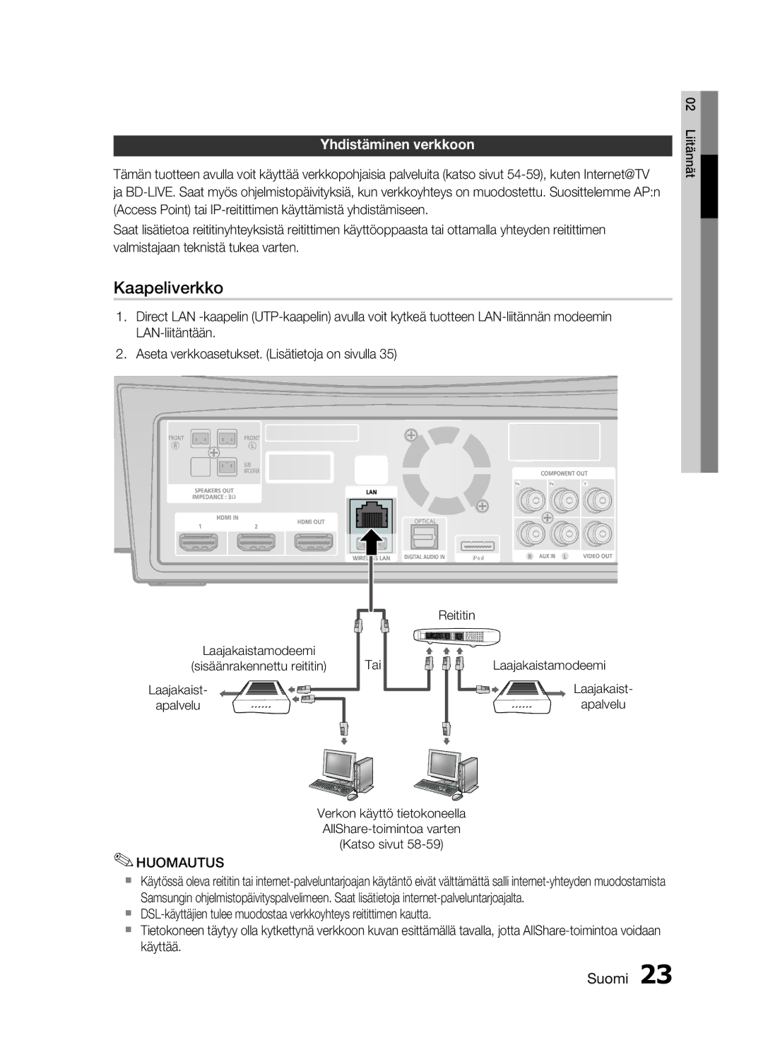 Samsung HT-C7200/XEE, HT-C720/XEE manual Yhdistäminen verkkoon, Laajakaistamodeemi Sisäänrakennettu reititin Apalvelu Tai 