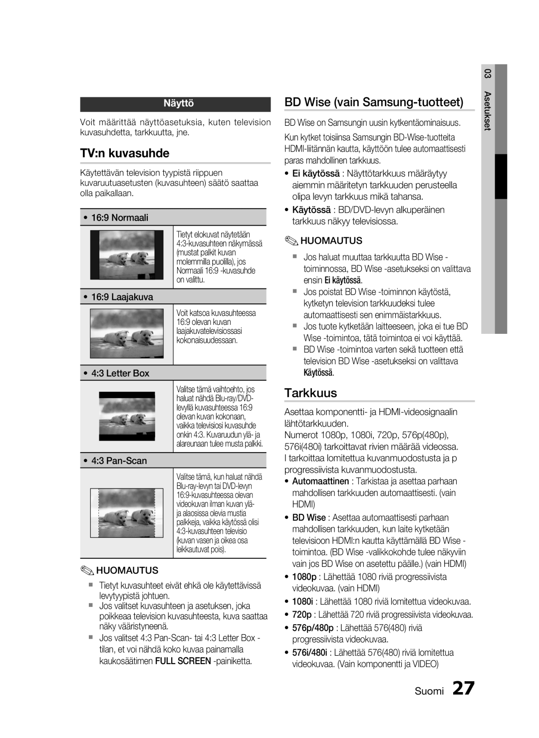 Samsung HT-C7200/XEE, HT-C720/XEE manual BD Wise vain Samsung-tuotteet, Tarkkuus, Näyttö 