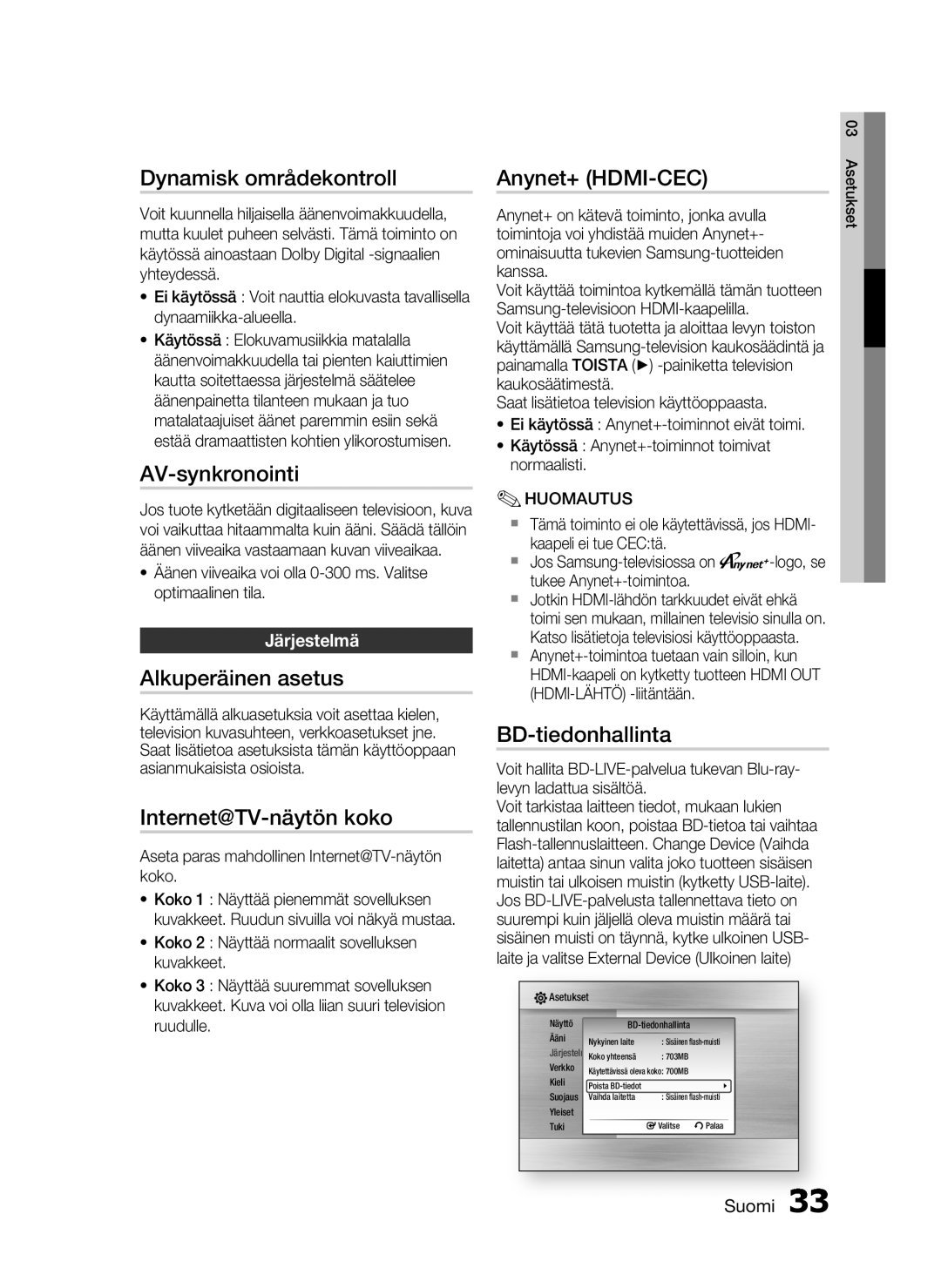 Samsung HT-C7200/XEE, HT-C720/XEE Dynamisk områdekontroll, AV-synkronointi, Alkuperäinen asetus, Internet@TV-näytön koko 