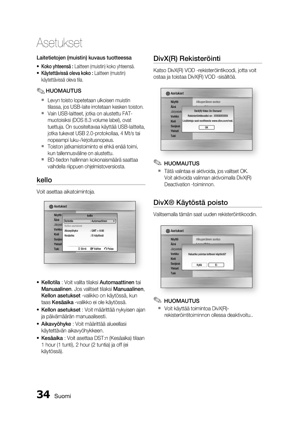 Samsung HT-C720/XEE, HT-C7200/XEE manual Kello, DivXR Rekisteröinti, DivX Käytöstä poisto 