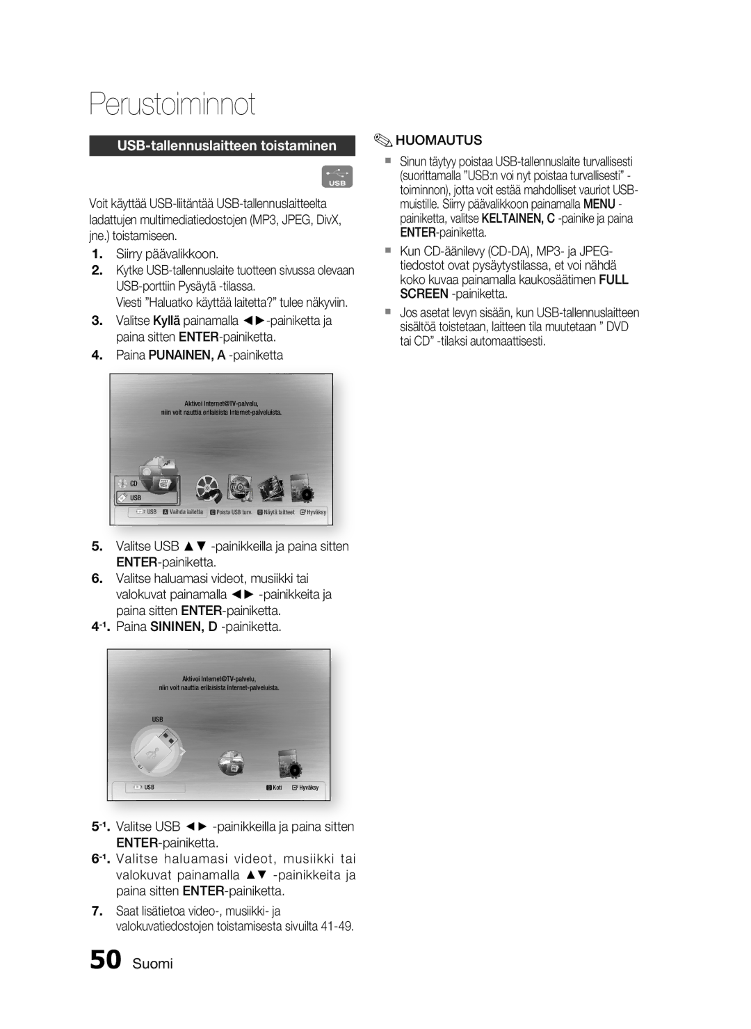 Samsung HT-C720/XEE manual USB-tallennuslaitteen toistaminen, Valitse USB -painikkeilla ja paina sitten ENTER-painiketta 