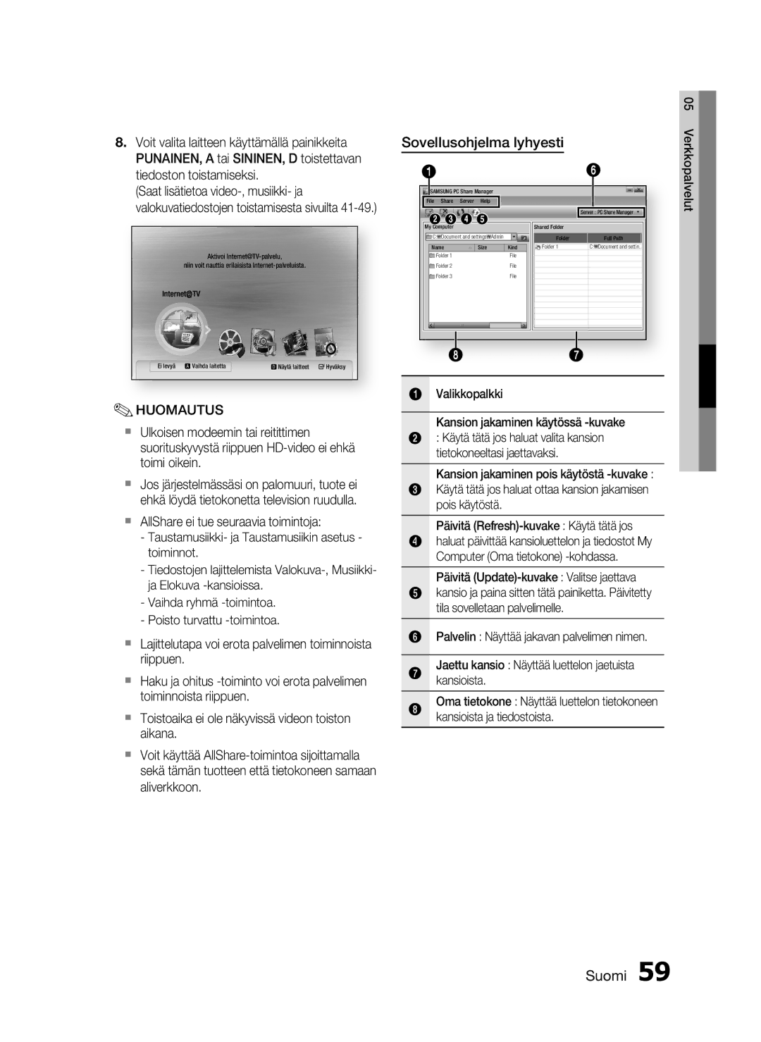 Samsung HT-C7200/XEE, HT-C720/XEE manual Sovellusohjelma lyhyesti, Valikkopalkki Kansion jakaminen käytössä -kuvake 