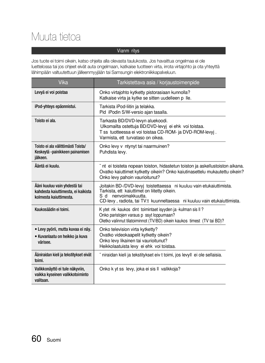 Samsung HT-C720/XEE, HT-C7200/XEE manual Muuta tietoa, Vianmääritys 