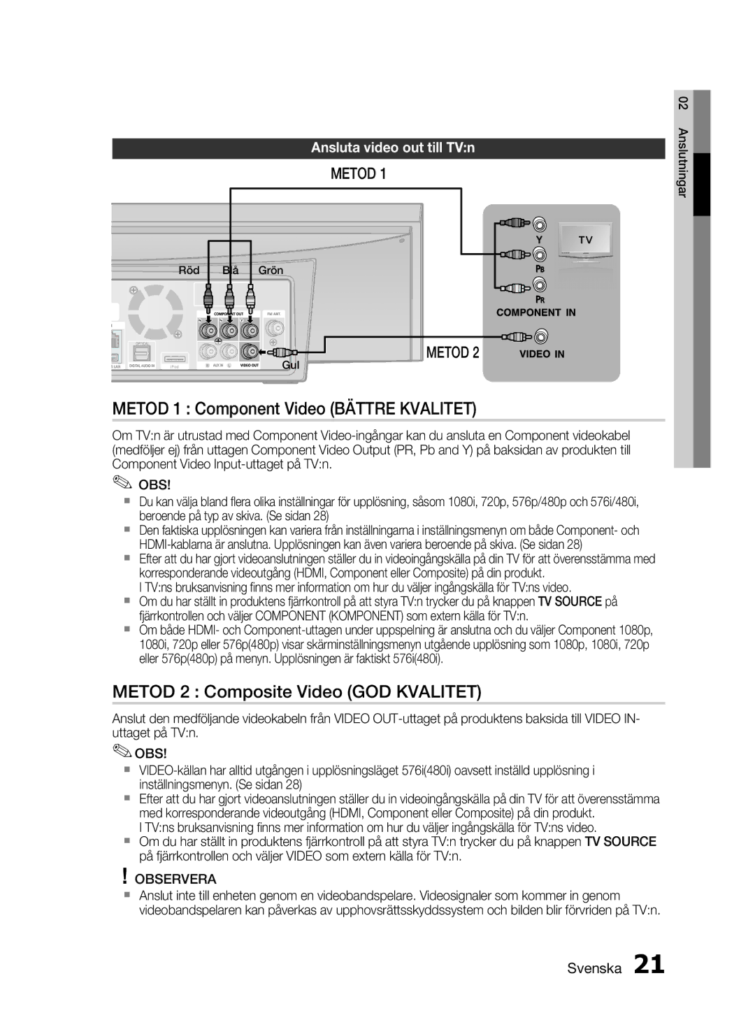 Samsung HT-C7200/XEE, HT-C720/XEE manual Metod 1 Component Video Bättre Kvalitet, Metod 2 Composite Video GOD Kvalitet 