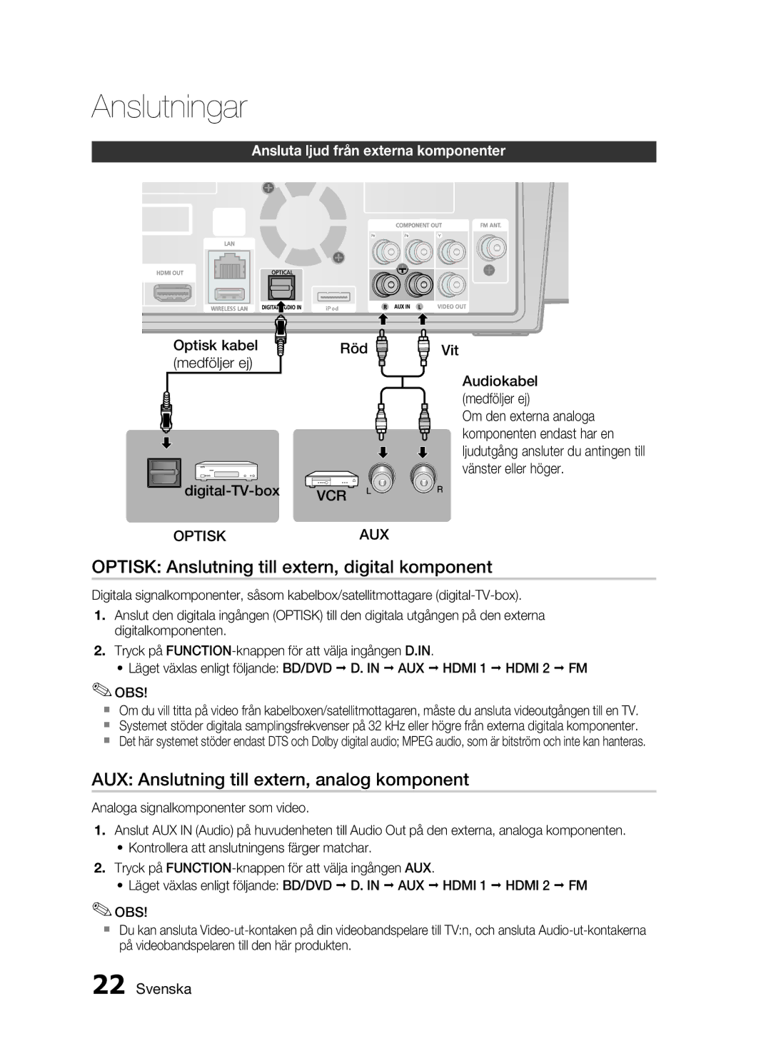 Samsung HT-C720/XEE manual Optisk Anslutning till extern, digital komponent, AUX Anslutning till extern, analog komponent 