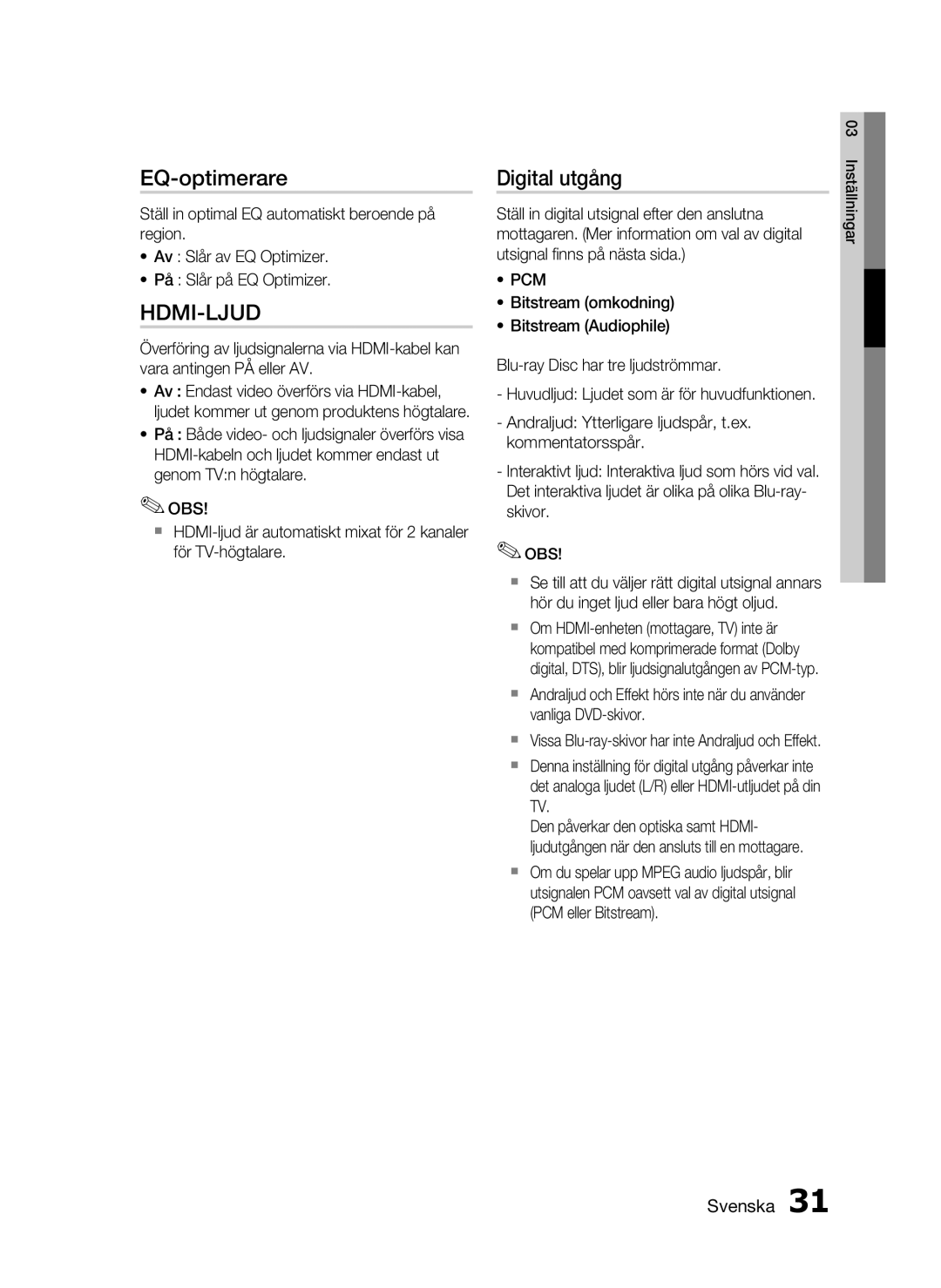 Samsung HT-C7200/XEE, HT-C720/XEE manual EQ-optimerare, Digital utgång 