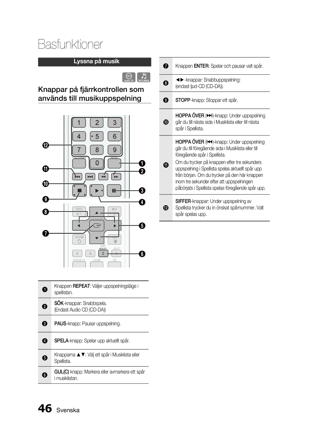 Samsung HT-C720/XEE, HT-C7200/XEE manual Lyssna på musik, Knappen Repeat Väljer uppspelningsläge i spellistan 