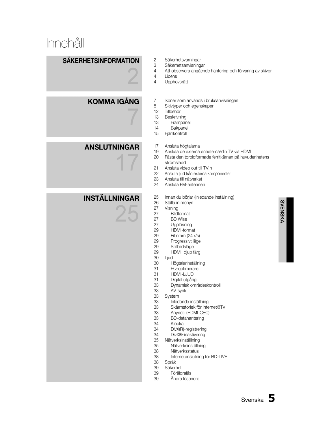 Samsung HT-C7200/XEE, HT-C720/XEE manual Innehåll, Säkerhetsinformation 