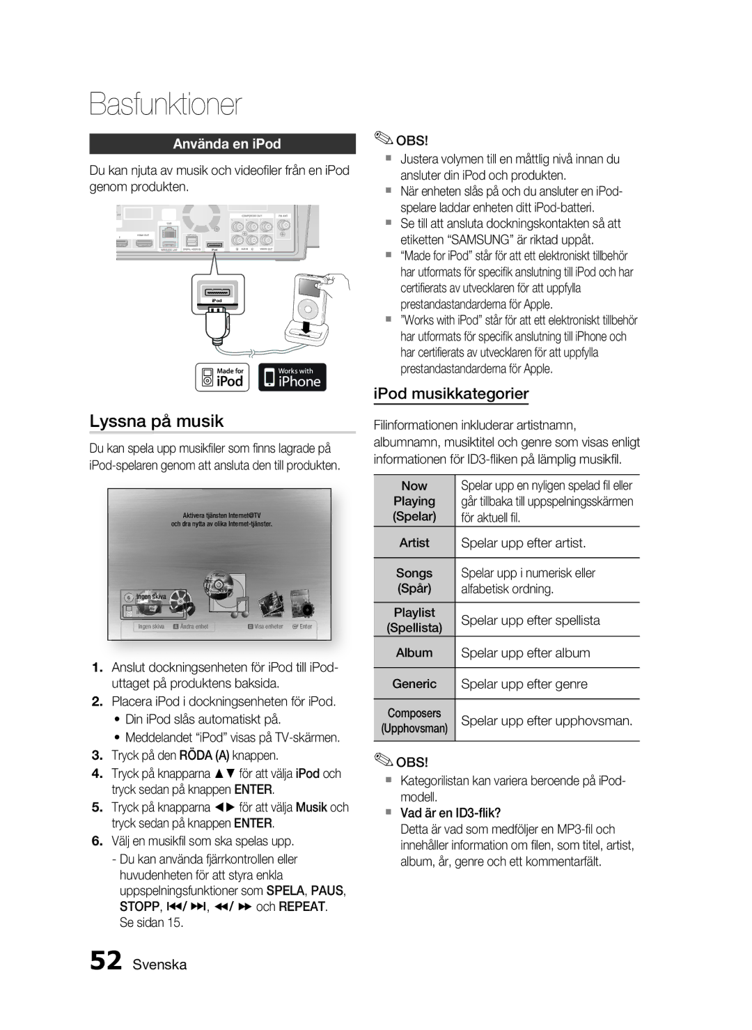 Samsung HT-C720/XEE, HT-C7200/XEE manual Lyssna på musik, Använda en iPod 