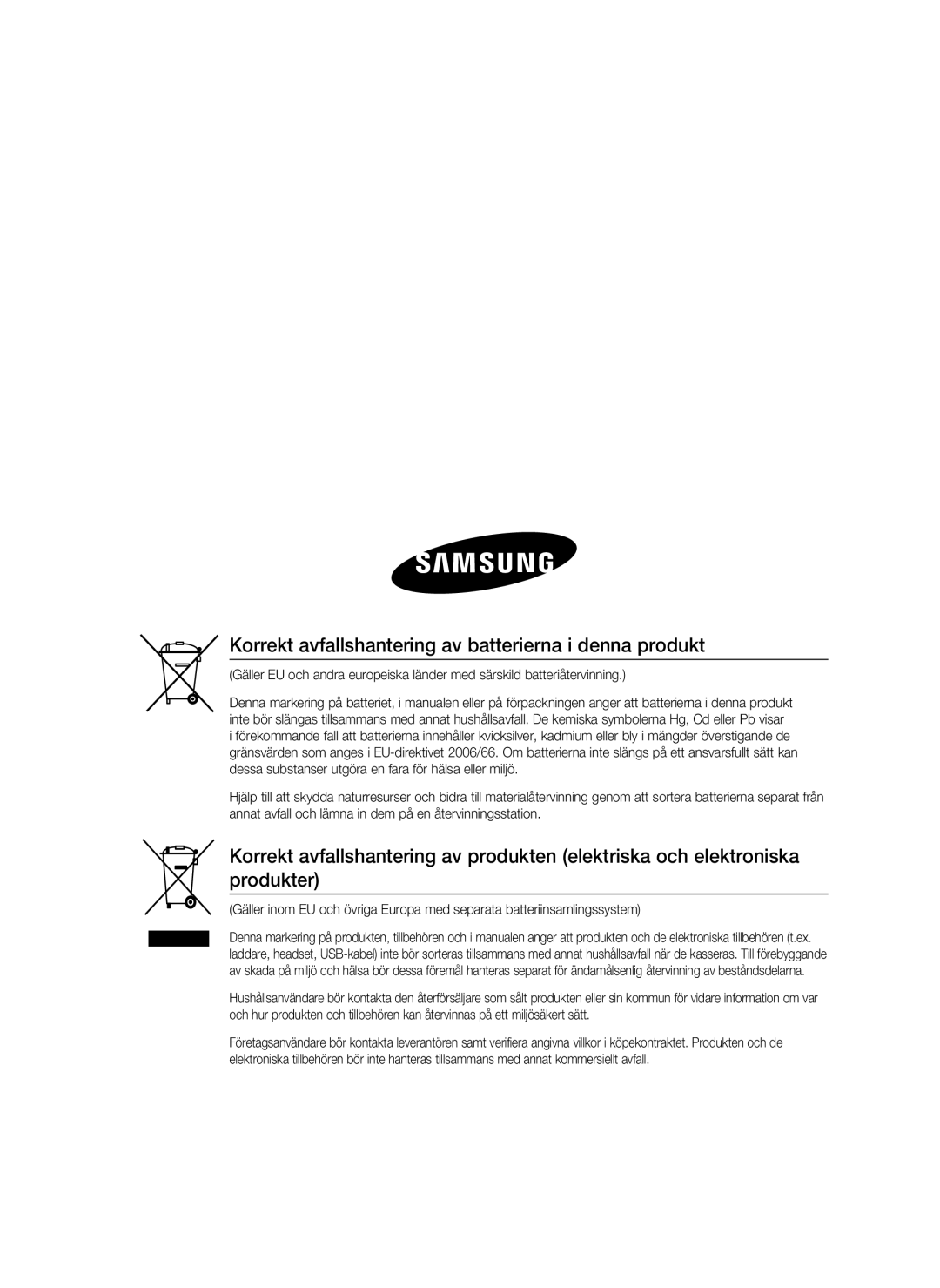 Samsung HT-C7200/XEE, HT-C720/XEE manual Korrekt avfallshantering av batterierna i denna produkt 