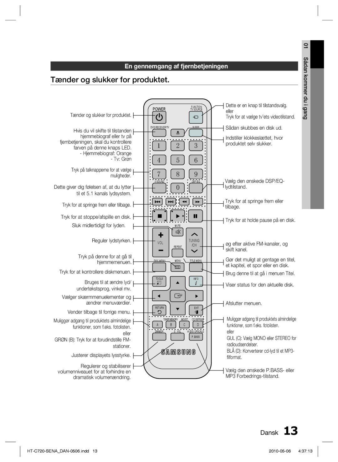 Samsung HT-C720/XEE manual Tænder og slukker for produktet, En gennemgang af fjernbetjeningen 