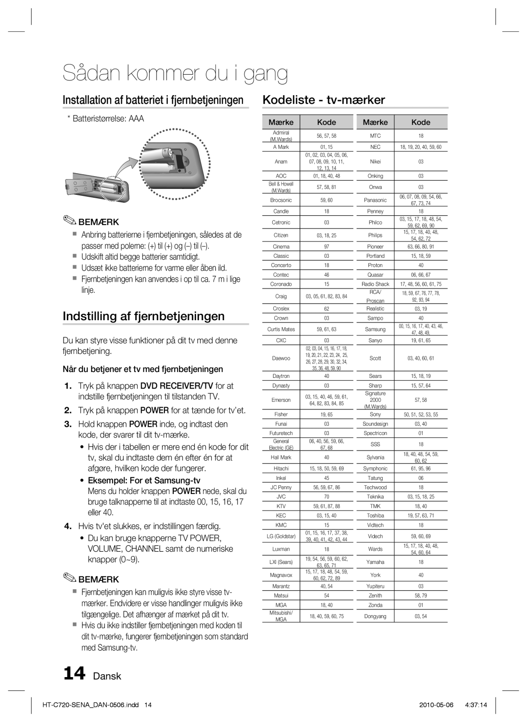 Samsung HT-C720/XEE manual Kodeliste tv-mærker, Indstilling af fjernbetjeningen, Batteristørrelse AAA 