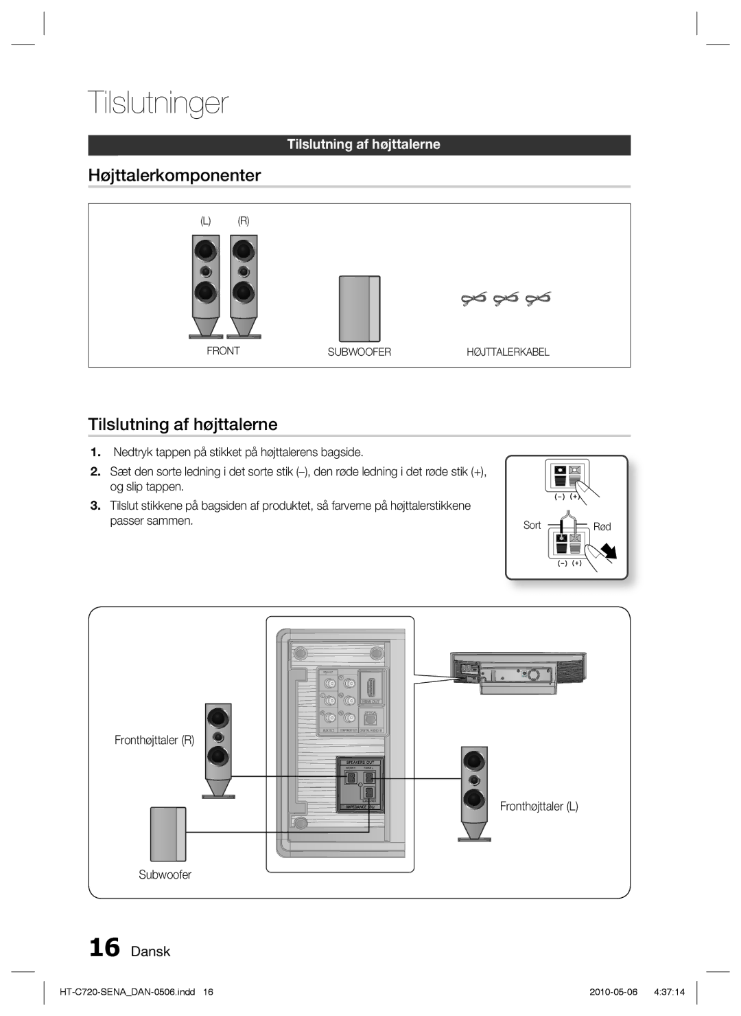 Samsung HT-C720/XEE manual Højttalerkomponenter, Tilslutning af højttalerne, Fronthøjttaler R, Subwoofer 