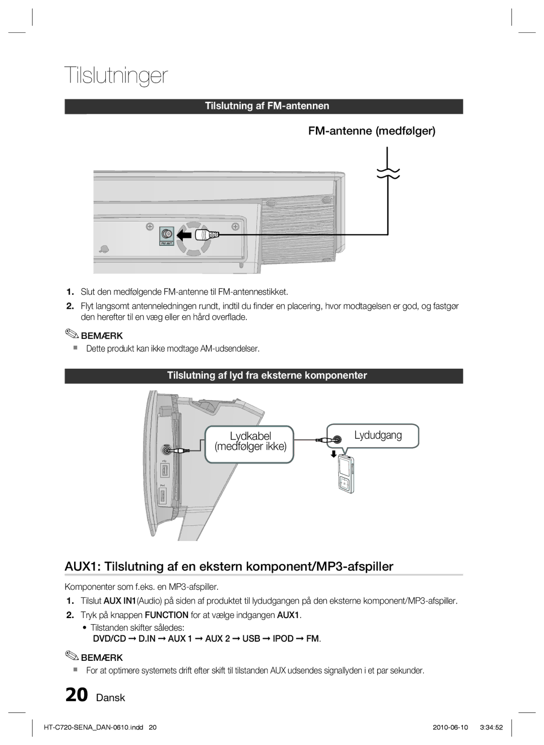 Samsung HT-C720/XEE manual AUX1 Tilslutning af en ekstern komponent/MP3-afspiller, Tilslutning af FM-antennen 