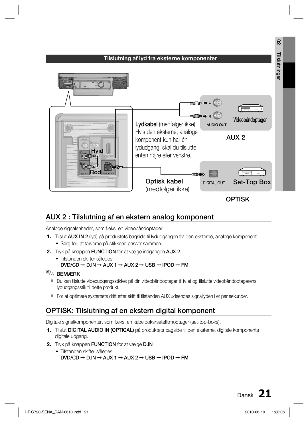 Samsung HT-C720/XEE AUX 2 Tilslutning af en ekstern analog komponent, Optisk Tilslutning af en ekstern digital komponent 