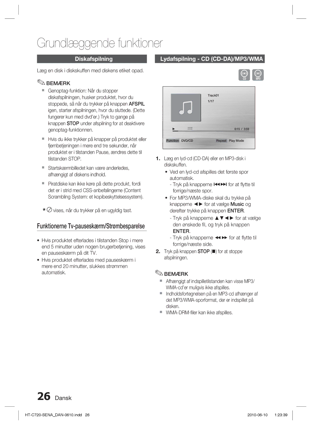 Samsung HT-C720/XEE manual Grundlæggende funktioner, Diskafspilning, Lydafspilning CD CD-DA/MP3/WMA 