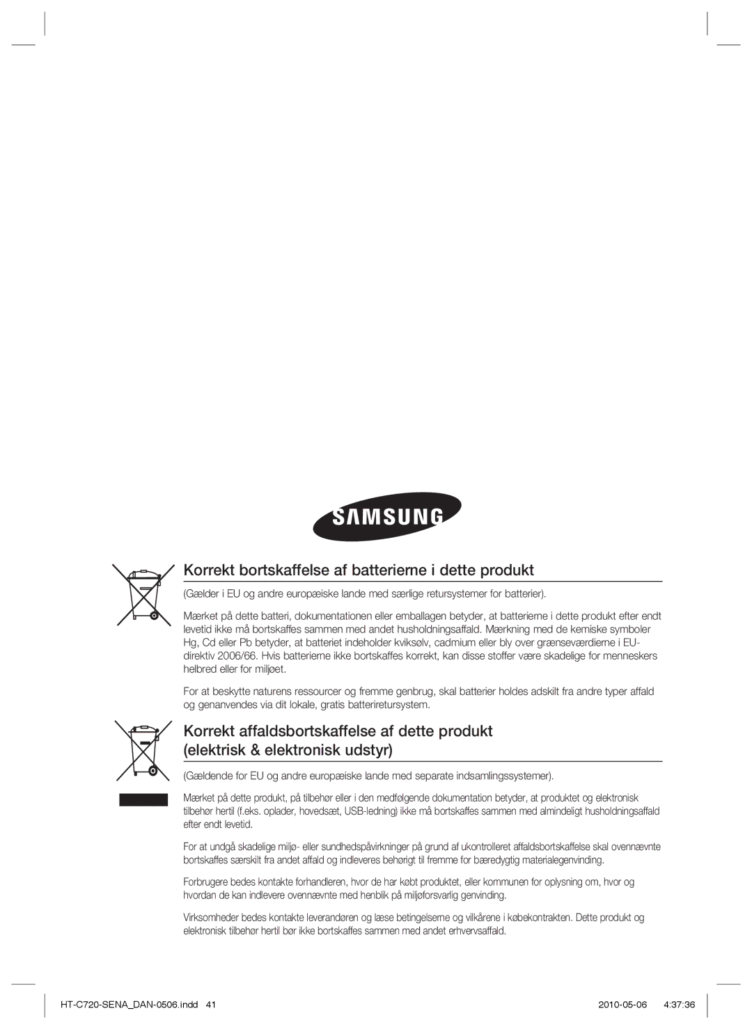 Samsung HT-C720/XEE manual Korrekt bortskaffelse af batterierne i dette produkt 