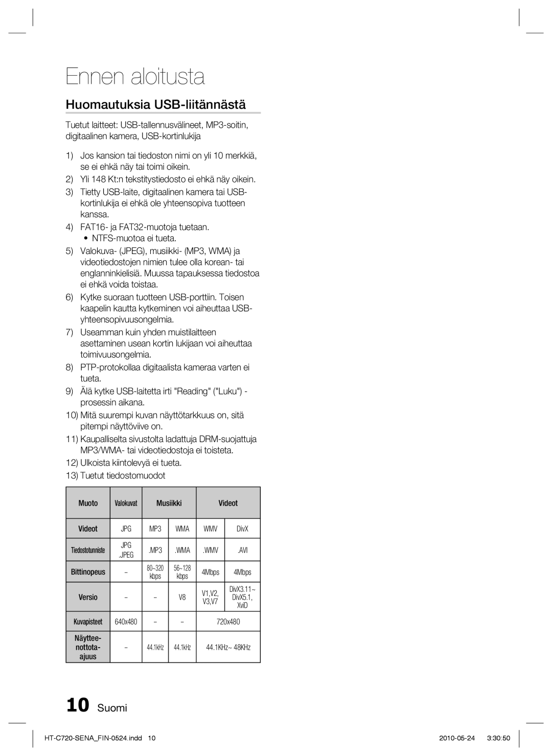 Samsung HT-C720/XEE manual Huomautuksia USB-liitännästä, Ulkoista kiintolevyä ei tueta Tuetut tiedostomuodot 